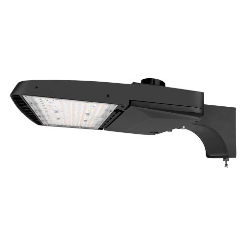 Konlite Vela I LED Black Parking Lot Light with extrusion arm 