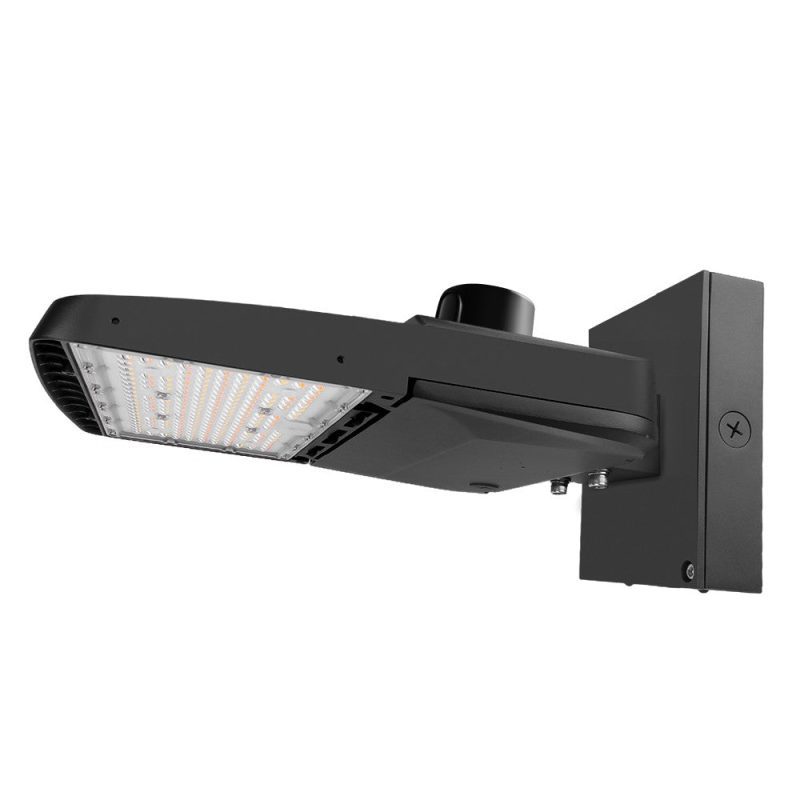 Konlite Vela I LED Black Parking Lot Light with wall mount arm and photocell