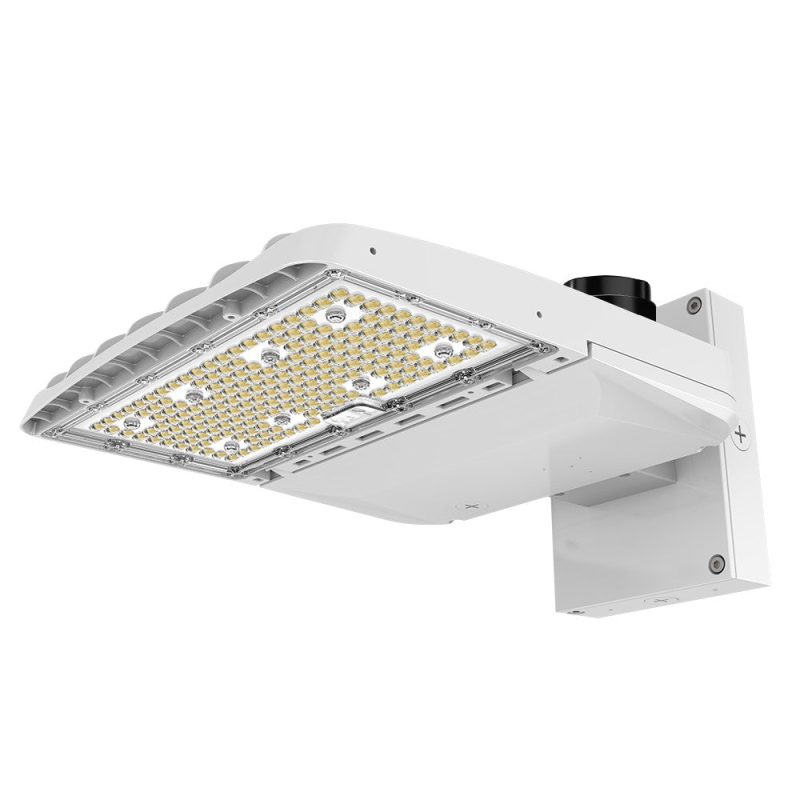 Konlite Vela I LED White Parking Lot Light with wall mount arm