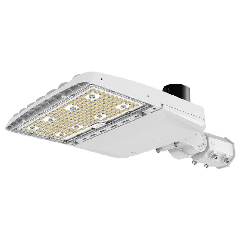 Konlite Vela I LED White Parking Lot Light with slipfitter arm with photocell