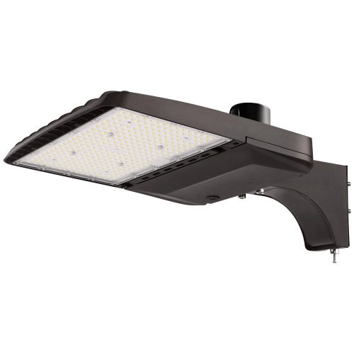 Konlite Vela wattage selectable led parking lot light with pole mount arm and photocell